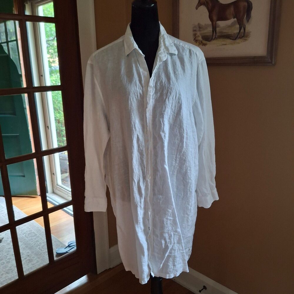 Frank & Eileen Hunter White Linen Long Shirt Dress Button Down Italy Women's XL